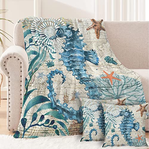 Sea Horse Throw Blankets Summer Bed Blanket Soft Sofa Sea Nautical Theme Decor Gift Blanket 50X60 Inch With 2 Pillowcase For Sea Horse Lovers Animal Lovers, 50 Inches X60 Inches #TOP6