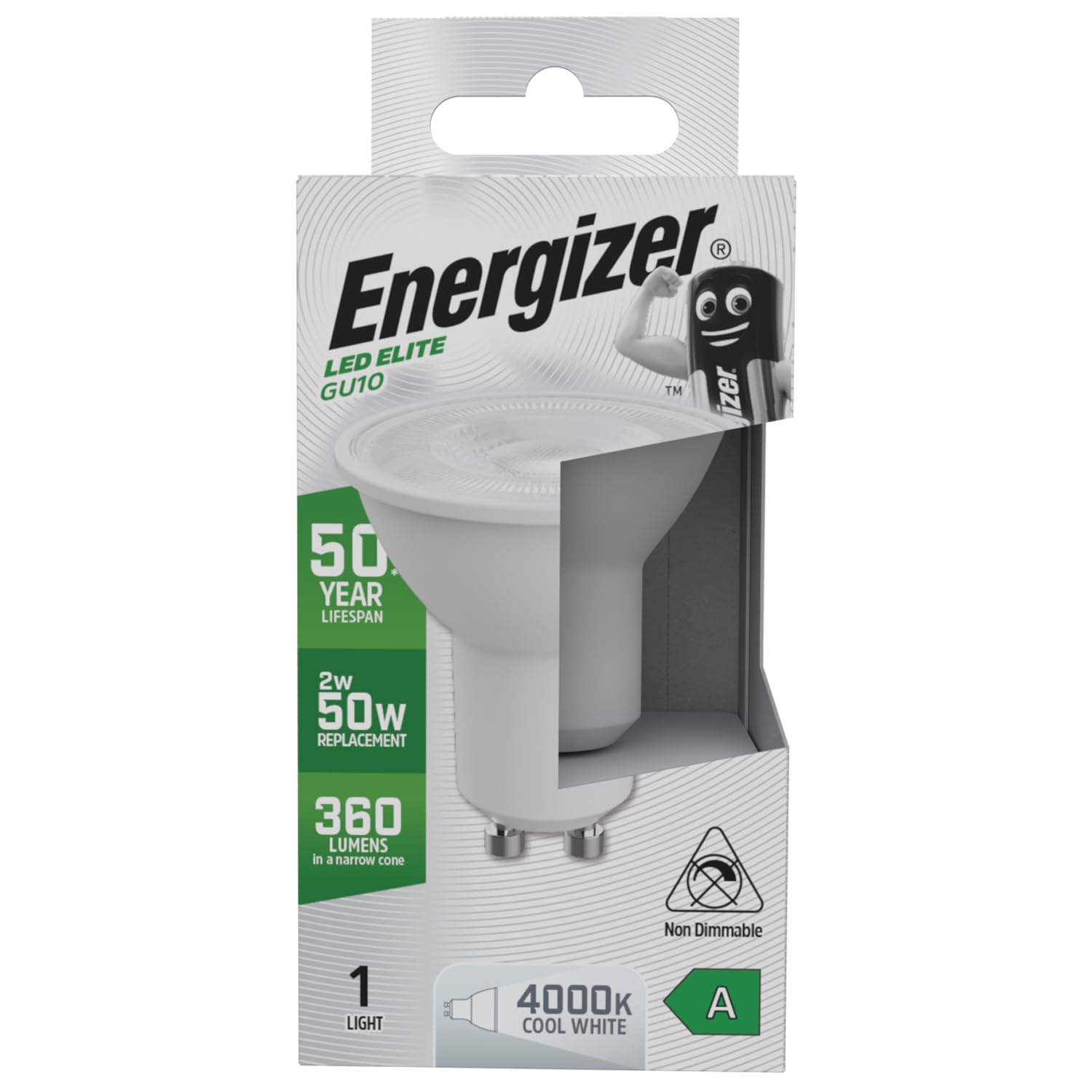 Energizer A Rated LED Elite Candle GU10 Filament 470lm 2.2W 4000K - Cool White Light Bulb