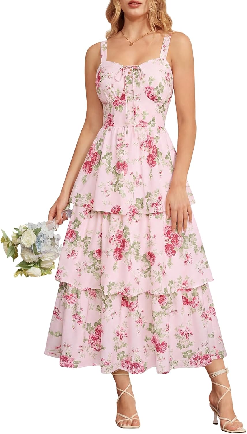 Scarlet Darkness Milkmaid Corset Dress for Women Summer Wedding Guest Dresses Cocktail Floral Sundress with Pockets