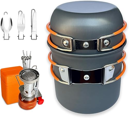 Juego de utensilios de cocina antiadherentes compactos, incluye ollas, sartenes, estufa, hervidor, platos y utensilios para mochileros, senderismo y