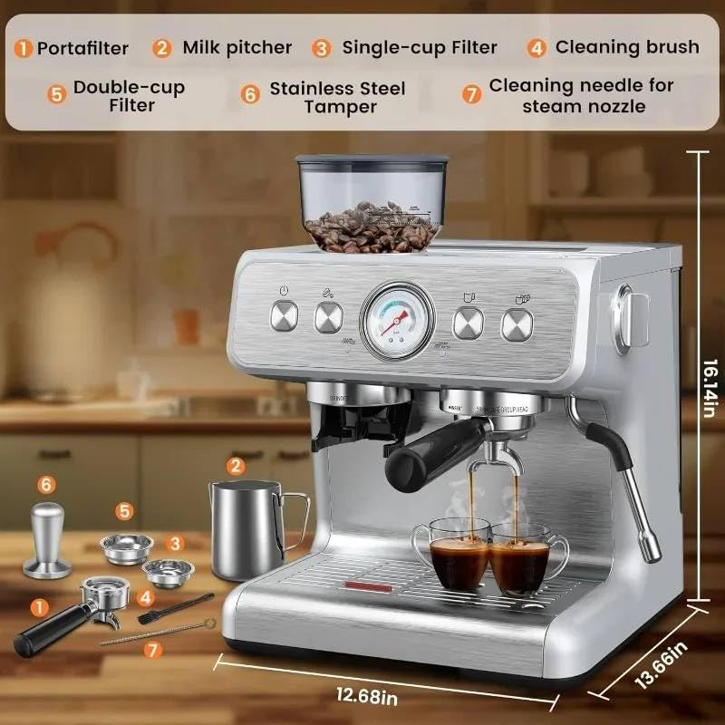 Image of Fastlink‚15 Bar Espresso Machine with Built-In Grinder & Milk Frother - Make Authentic Espresso at Home