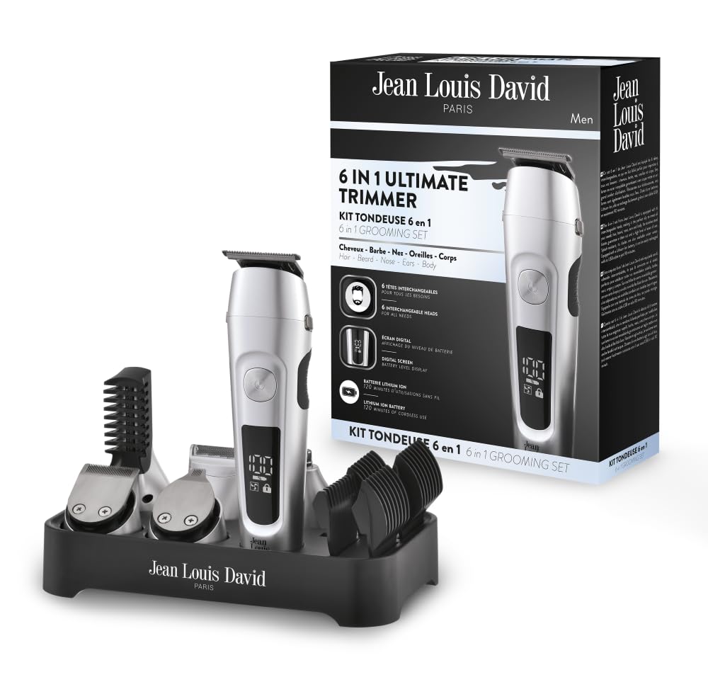 Jean Louis David Bartpflege-Set für Herren, 6-in-1 – Haarschneider, Bart, Nase, Ohren, Körper – Klingen aus Edelstahl – Lithium-Ionen-Akku – Sockel zur Aufbewahrung, USB-Ladegerät – Multifunktionsset