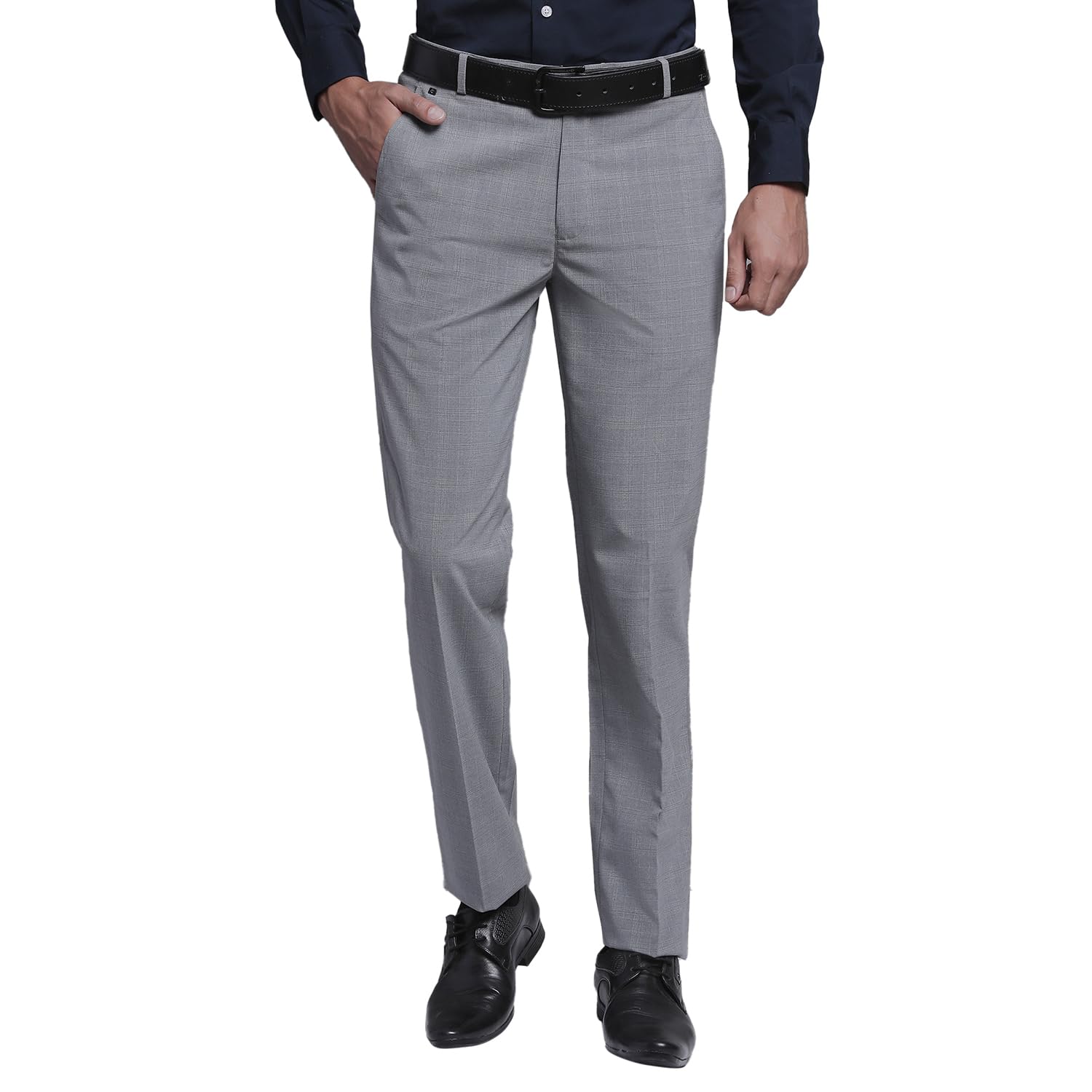 CantabilCheckered Non Pleated Regular Fit Mid Rise Formal Trousers for Men | Formal Pants for Men | Formal Wear Regular Fit Trousers for Men (P_MTRF00145_GREY)