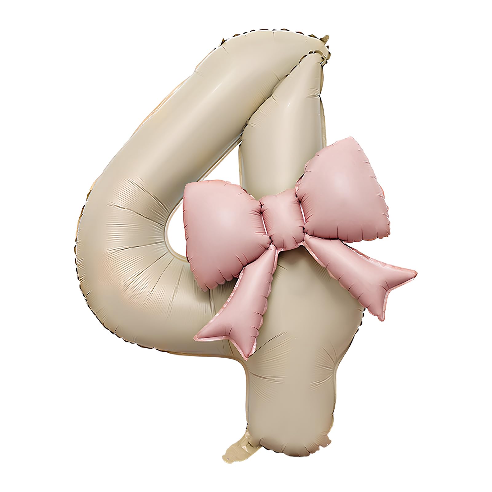 Beige Number 4 Balloon, 40 Inch Foil Birthday Balloon With Bow, Large Number Balloon For Girl's Birthday Party Decorations