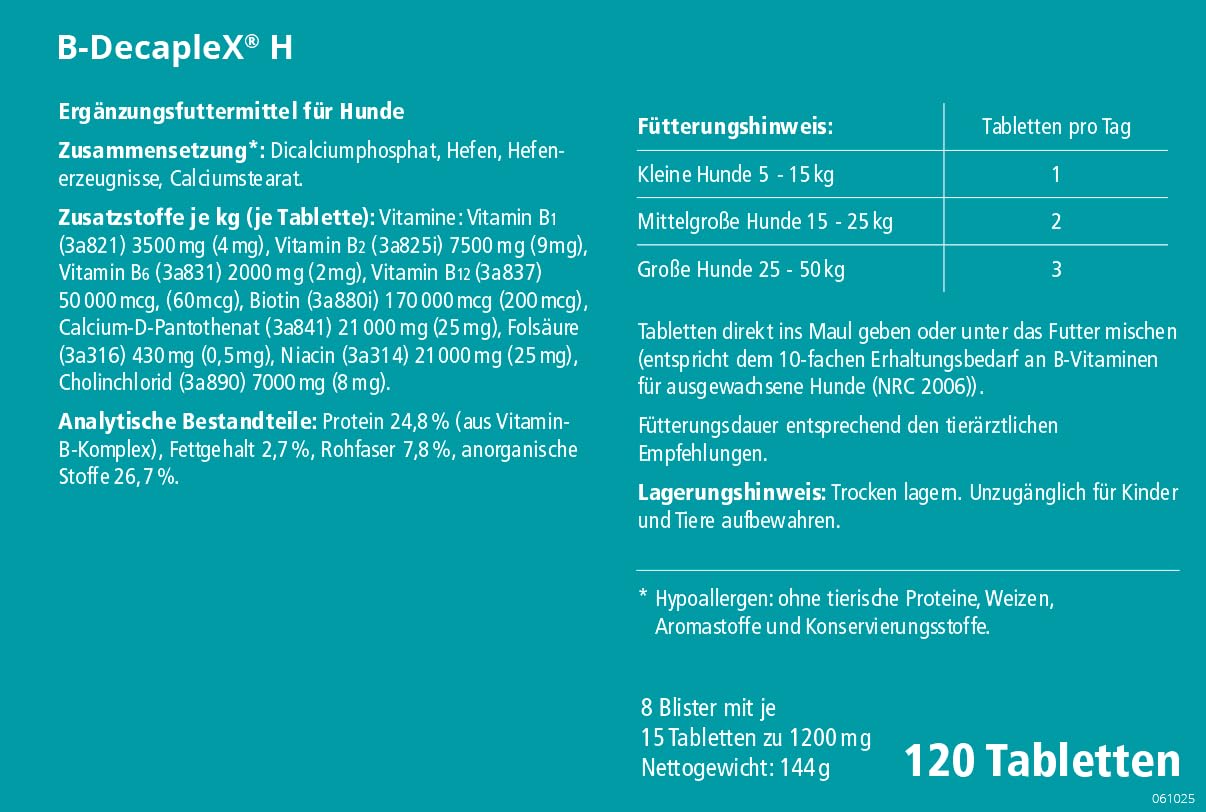 almapharm B-DecapleX H | 120 tabletek | karma uzupełniająca dla psów | wysoko skoncentrowany kompleks witaminy B