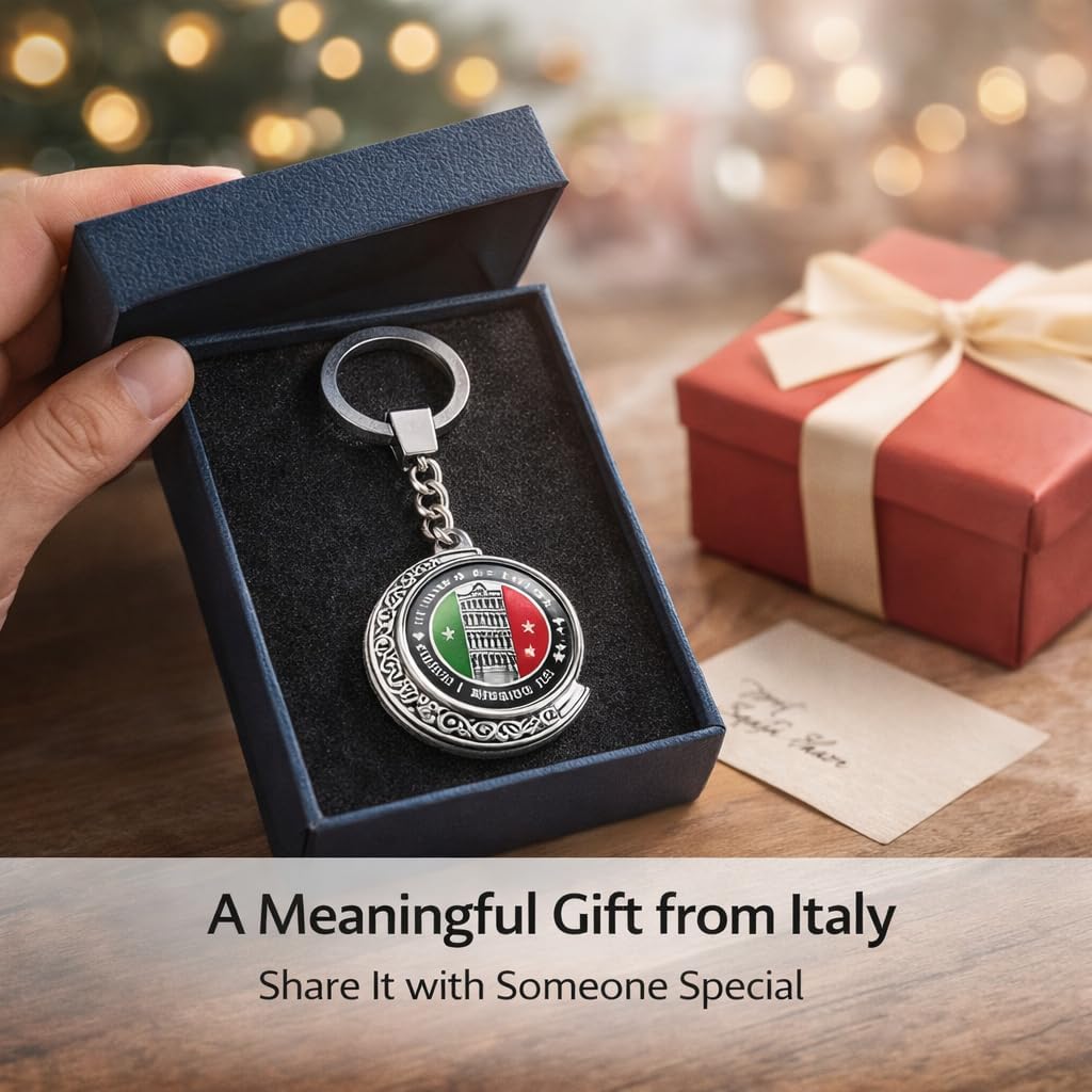 2-Pack Italy Souvenir Keychain, Leaning Tower of Pisa Crystal Glass Pendant, Crescent Hollow Zinc Alloy Key Ring, Italian Travel Gift for Men and Women