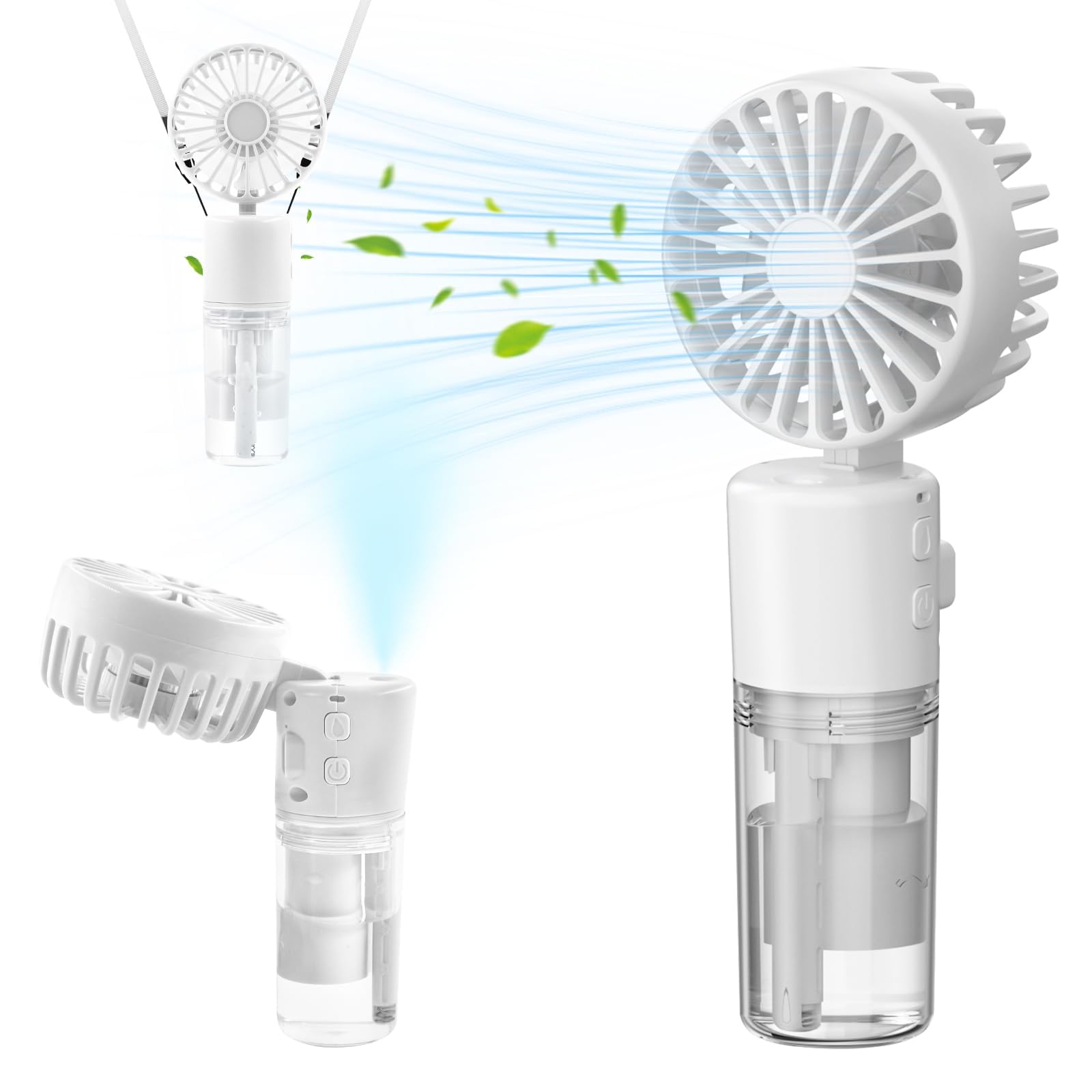 مروحة صغيرة محمولة مع بخاخ ماء - مروحة محمولة قابلة لاعادة الشحن بمنفذ USB مع 4 سرعات وتصميم قابل للطي وزجاجة مياه سعة 55 مل - مروحة مكتب قوية للسفر للعطلات، ابيض صورة المنتج 1