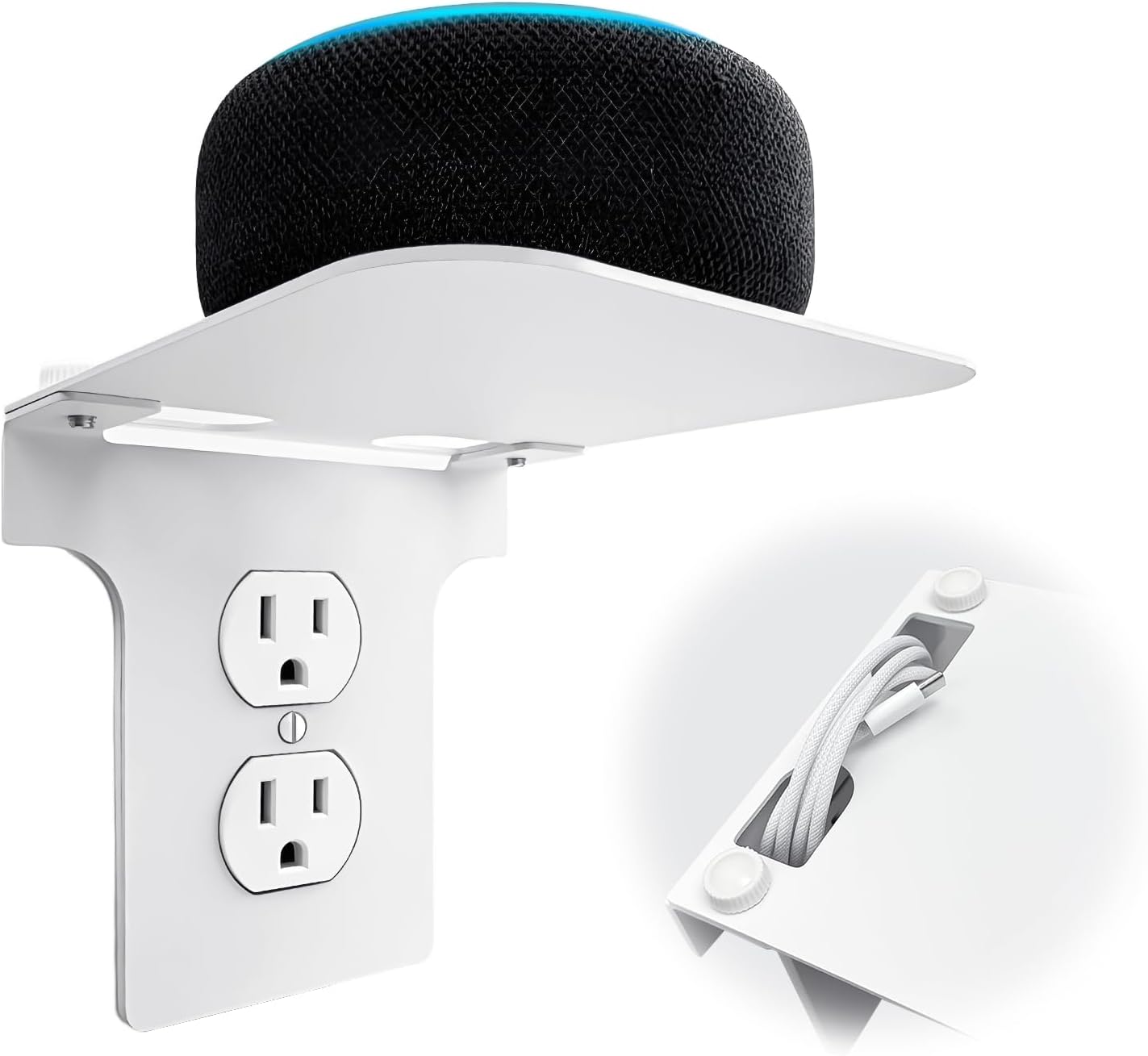 Metal Outlet Shelf Wall Holder for Duplex (Round) Outlets - Bathroom & Kitchen Organizer with Cord Storage, Quick Install for Smart Home Toothbrush Holder Holds Smart Speaker Cell Phone 2Pack