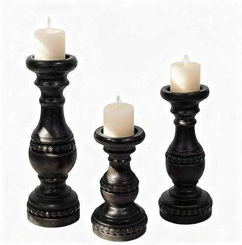 Miniatura 9 de Portavelas de madera maciza, portavelas de granja para velas de pilar, juego de 3, portavelas de madera rústica, candelabros de madera pequeños