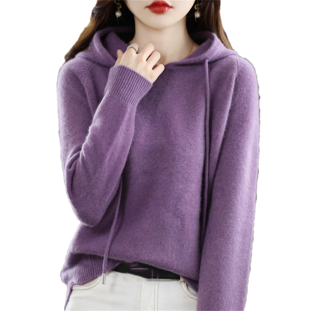 Suéter con capucha de lana suelto casual de color sólido de punto de las señoras de manga larga suéter suéter de cachemira