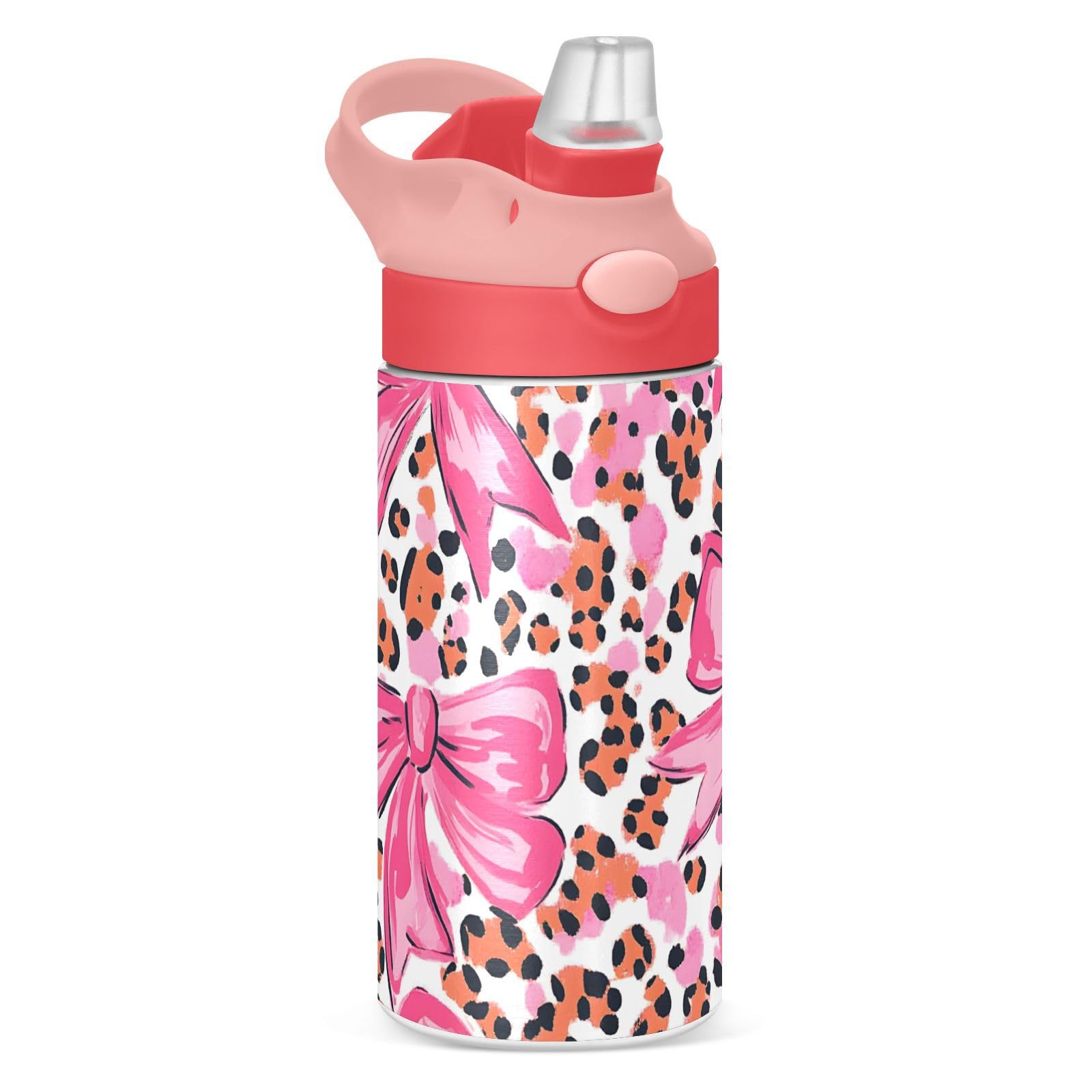 Borraccia termica per bambini con stampa leopardata e fiocco rosa, tazza da viaggio con cannuccia e manico, tazza in acciaio inox, per viaggi, scuola, ragazze, 350 ml