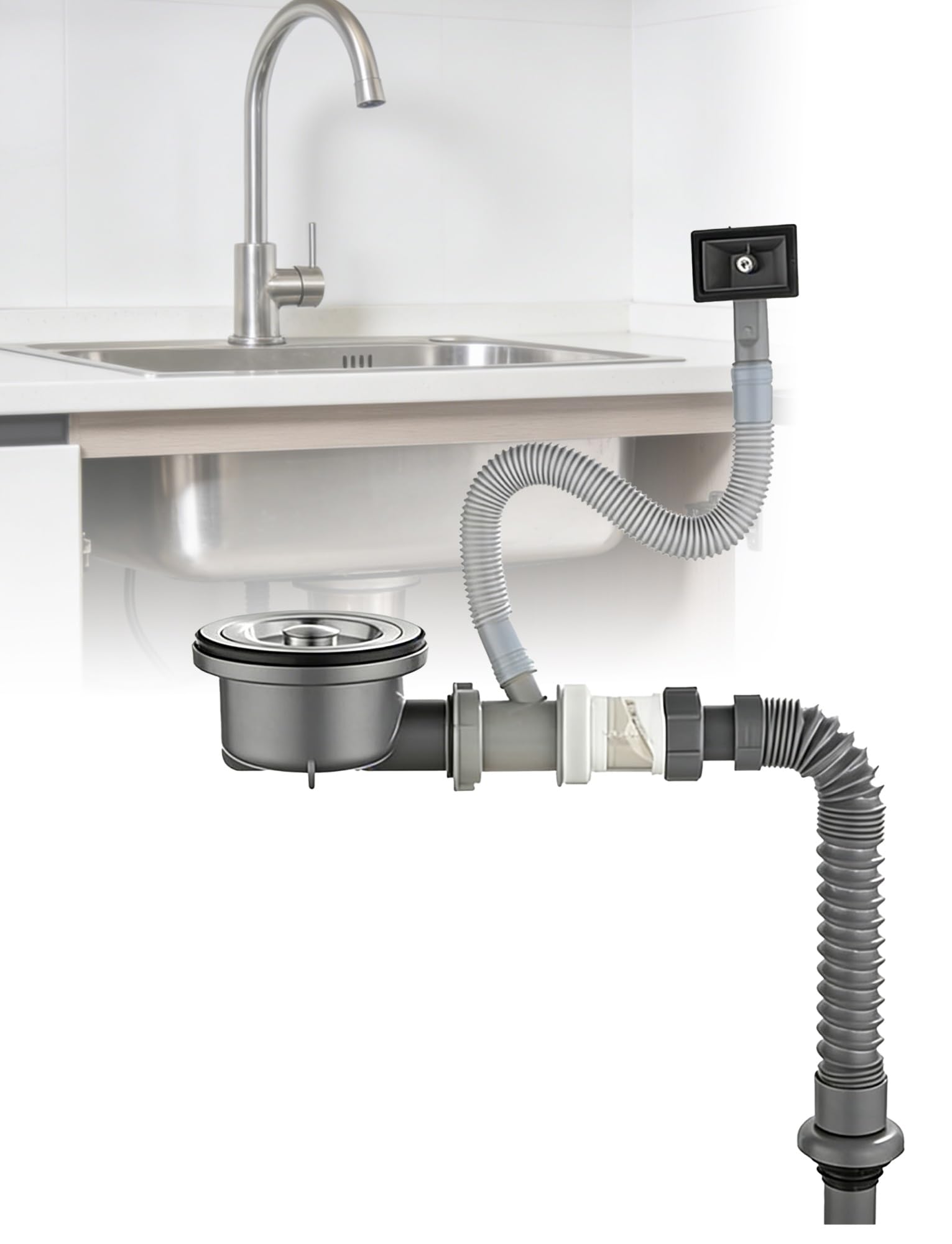 Tubo di scarico per lavello da cucina con valvola di ritegno anti-odore, tubo estensibile salvaspazio, adatto per lavabi con uscita troppopieno