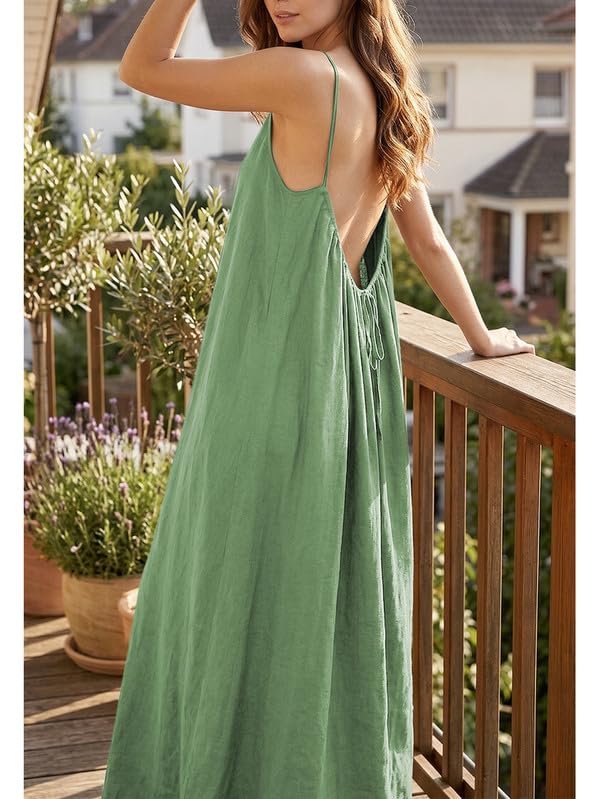 Vestido Mujer Verano Vestidos Casual con Espalda Descubierta Elegante Escote Redondo Vestido Largo de Tirantes Finos Sin Manga Ligero Fresco Bohemio Vestidos Amplio para Playa Vacaciones