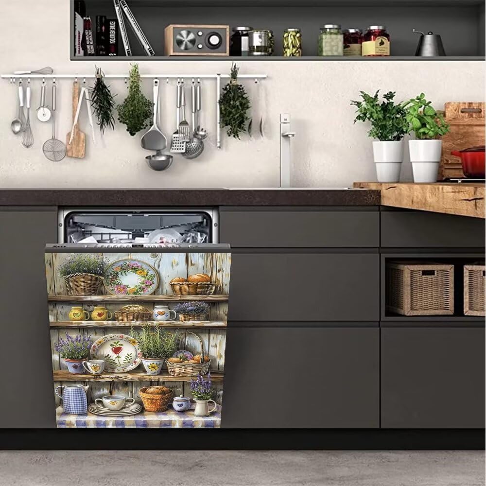 花瓶の花とパン磁気食器洗い機カバー-食器棚食器キッチン装飾ステッカー、食器洗い機のドアマグネット装飾カバー、冷蔵庫マグネットデカール