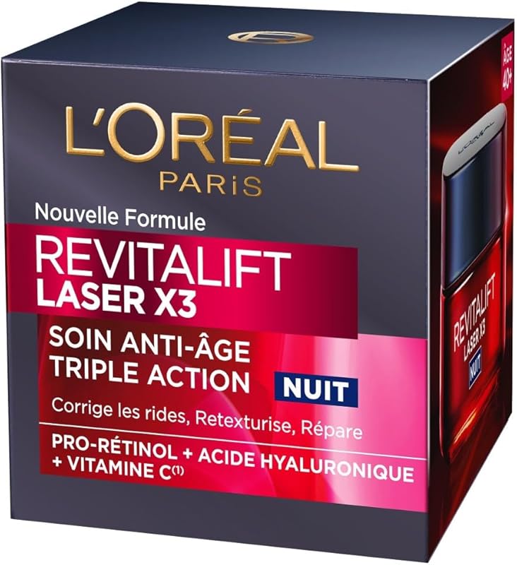 L'Oréal Paris - Crème Masque Nuit Triple Action Anti-Âge - Anti-Rides & Multi-Correction - Enrichi au Pro-Rétinol, à l'Acide Hyaluronique & à la Vitamine C - Revitalift Laser - 50 ml