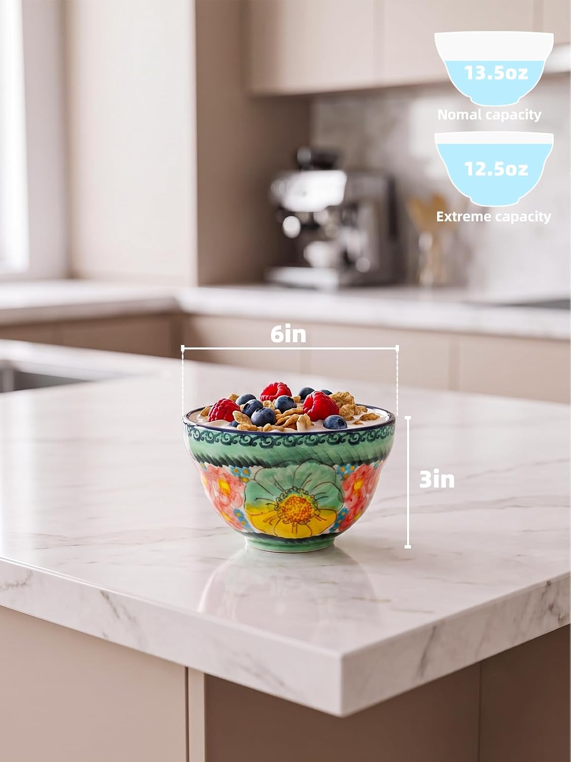 Handmade Cereal Bowls, 13 oz Ceramic Soup Bowls, Set of 2 (Flowers Green)