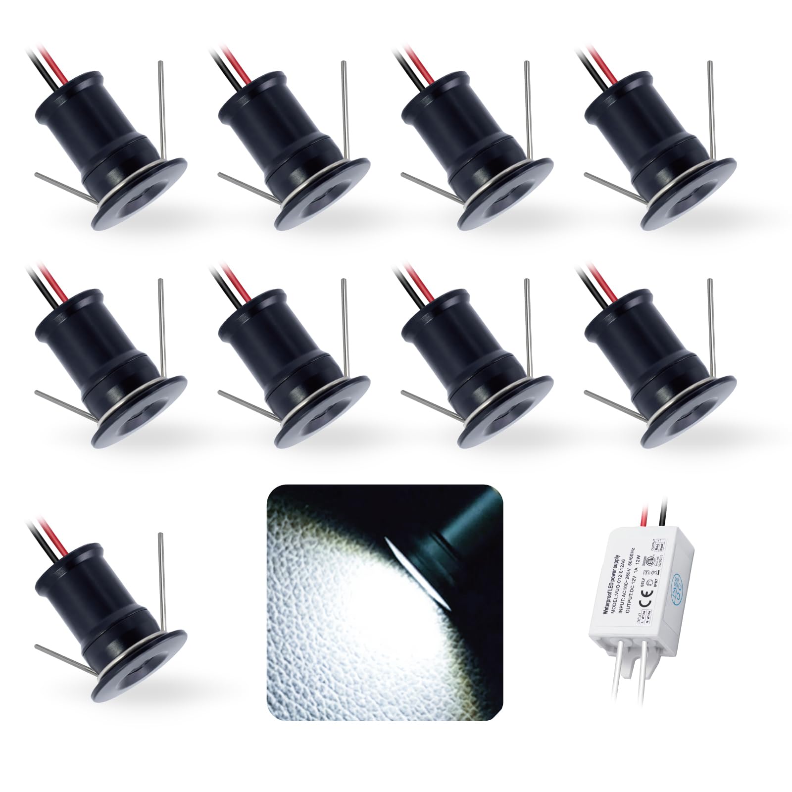kpslucerna 9pcs 12V 1W Mini LED Downlight, IP65 Water Resistant Small Recessed Spotlight, Ø15mm Round Plinth Spot Light Cabinet Showcases Displays Wall Kitchen Staircase Media Wall(Black Cold 120°)