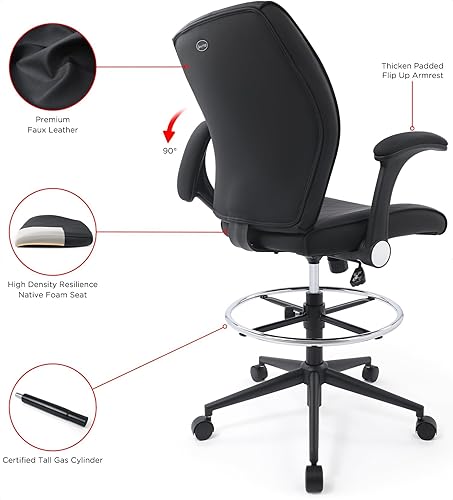 Miniatura 7 de Ergonomic Adjustable Drafting Chair Extra Tall Office Stool for Standing Desk, Mid Back Faux Leather Counter Height Comfortable Bar High Roll Tilt