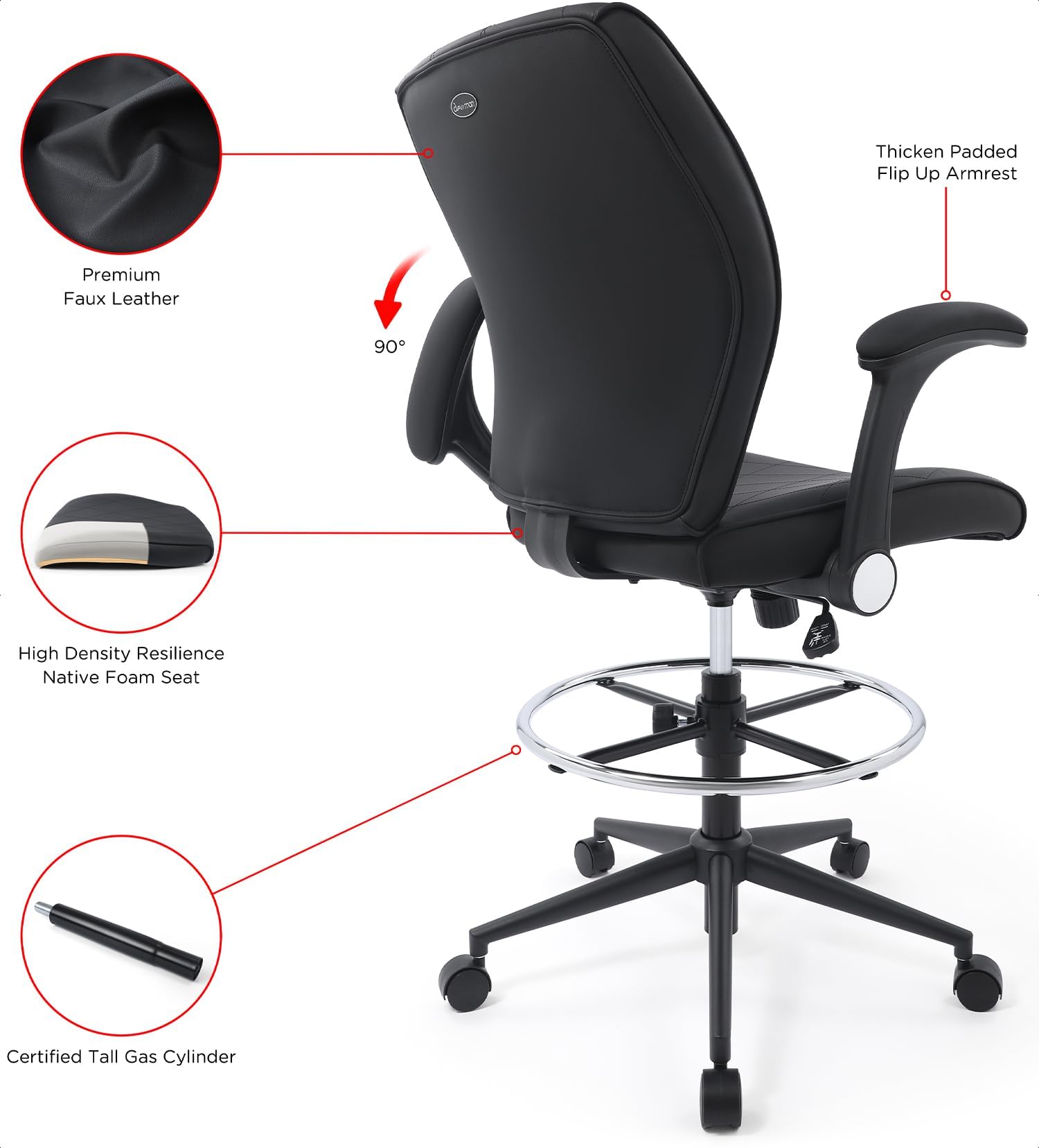 Ergonomic Adjustable Drafting Chair Extra Tall Office Stool for Standing Desk Mid Back Faux Leather Counter Height Comfortable — view 7