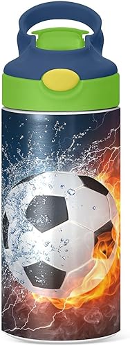 Fire Ice - Botella de agua para niños con popote y asa de transporte, tema deportivo, aislamiento al vacío, botellas de acero inoxidable a prueba de