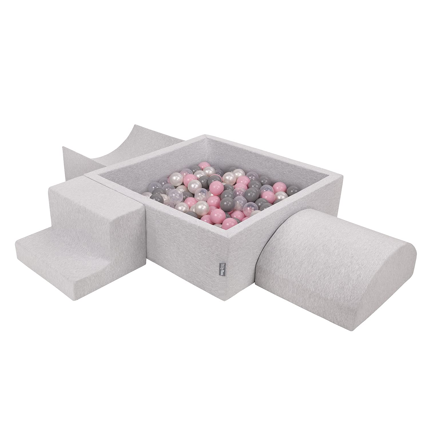 KiddyMoon Foam Playground For Kids With Square Ballpit (200 Balls ∅ 7Cm/2.75In) Soft Obstacles Course And Ball Pool, Made In The EU, Lightgrey:Pearl/Grey/Transparent/Powderpink