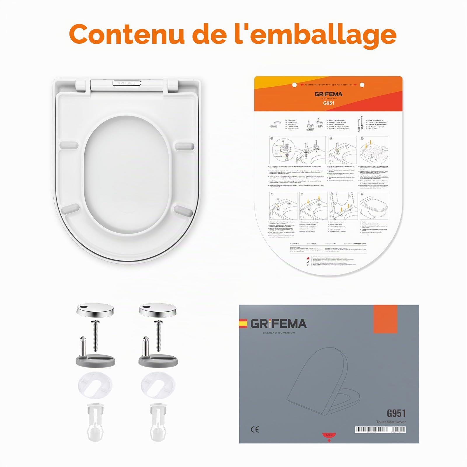 GRIFEMA G951 Abattant WC Premium - Résine UF Antibactérien et Inrayable - Ne Jaunit Pas - Finition Céramique - Fermeture Silencieuse - Dégagement Rapide Nettoyage Facile - Forme D[Exclusivité Amazon]