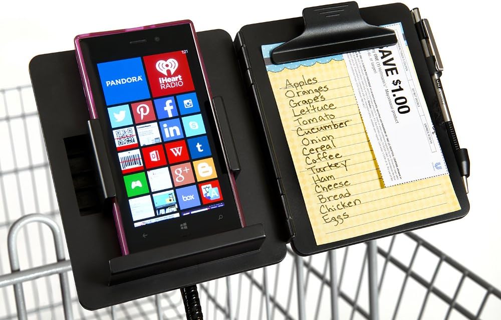 GalsShopper Black - All In 1 Shopping Organizer,1 Clip On Any Shopping Cart Handlebar,Holds Any Size Smart Phone/List/Coupons/Pen, HandsFree for Clothes,Shoes,Kids,Groceries/Compact In Handbag or Home