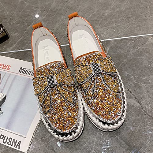 Angrymonkey Women's Rhinestones Glitter Slip On Sneakers,Cute Bow Comfort Platform Walking Flat Loafer Stitch Casual Shoes (6,Orange,Women,6) #TOP4