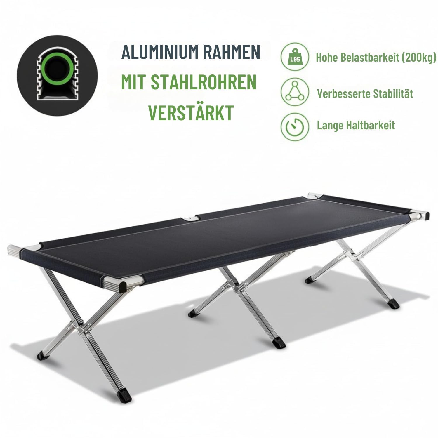 Kronenburg Feldbett XXL, Campingbett 210 cm x 72 cm x 45 cm – Belastbarkeit bis 200 kg - Stahlrohr verstärkt - in Schwarz