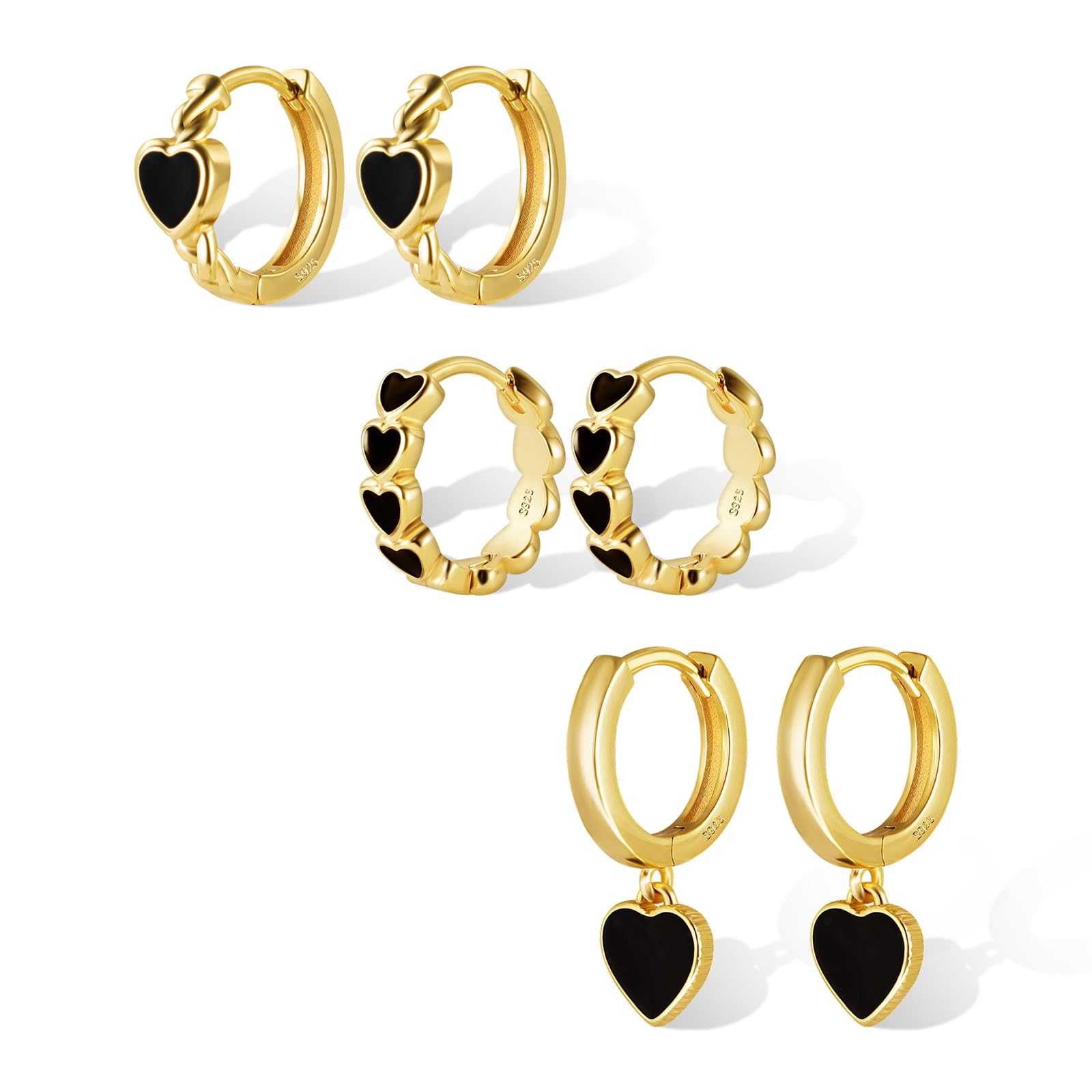 ALEXCRAFT Set Orecchini Donna Cuore Argento 925 Set Pendenti Cuore Piccoli Nero 14K Oro Placcato