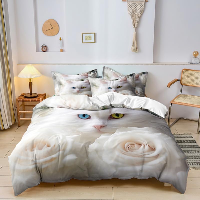 Parure de lit chat blanc en microfibre, une idée cadeau esthétique pour chambre à coucher