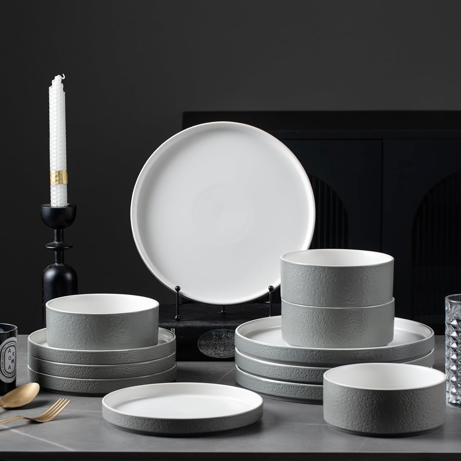 Nature Plates and Bowls Sets, 12 Pieces Stoneware Dinnerware Sets, Highly Chip and Crack Resistant | Dishwasher & Microwave Safe Dishes Set,Service for 4 (Grey)