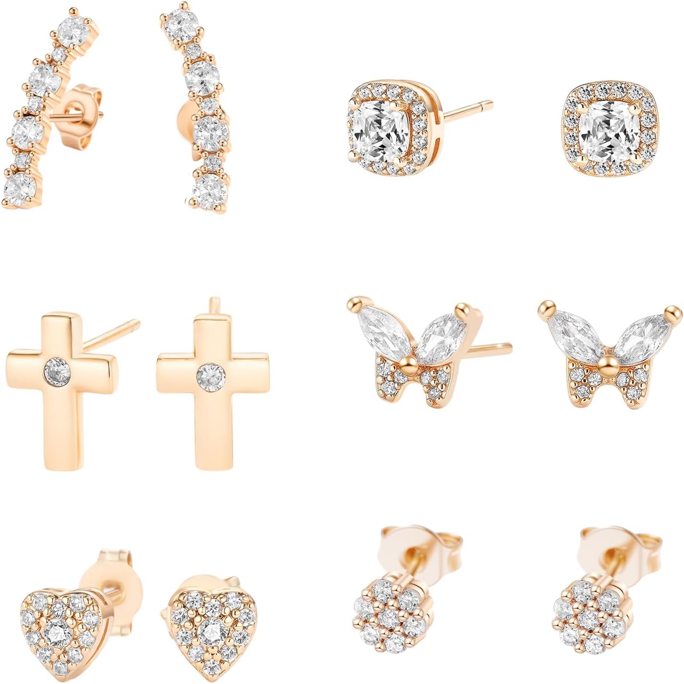 MDFUN 6 Pairs Stud Earrings Set for Women Trendy 14K Gold Plated Hypoallergenic Earring Stacks for Multiple Piercing