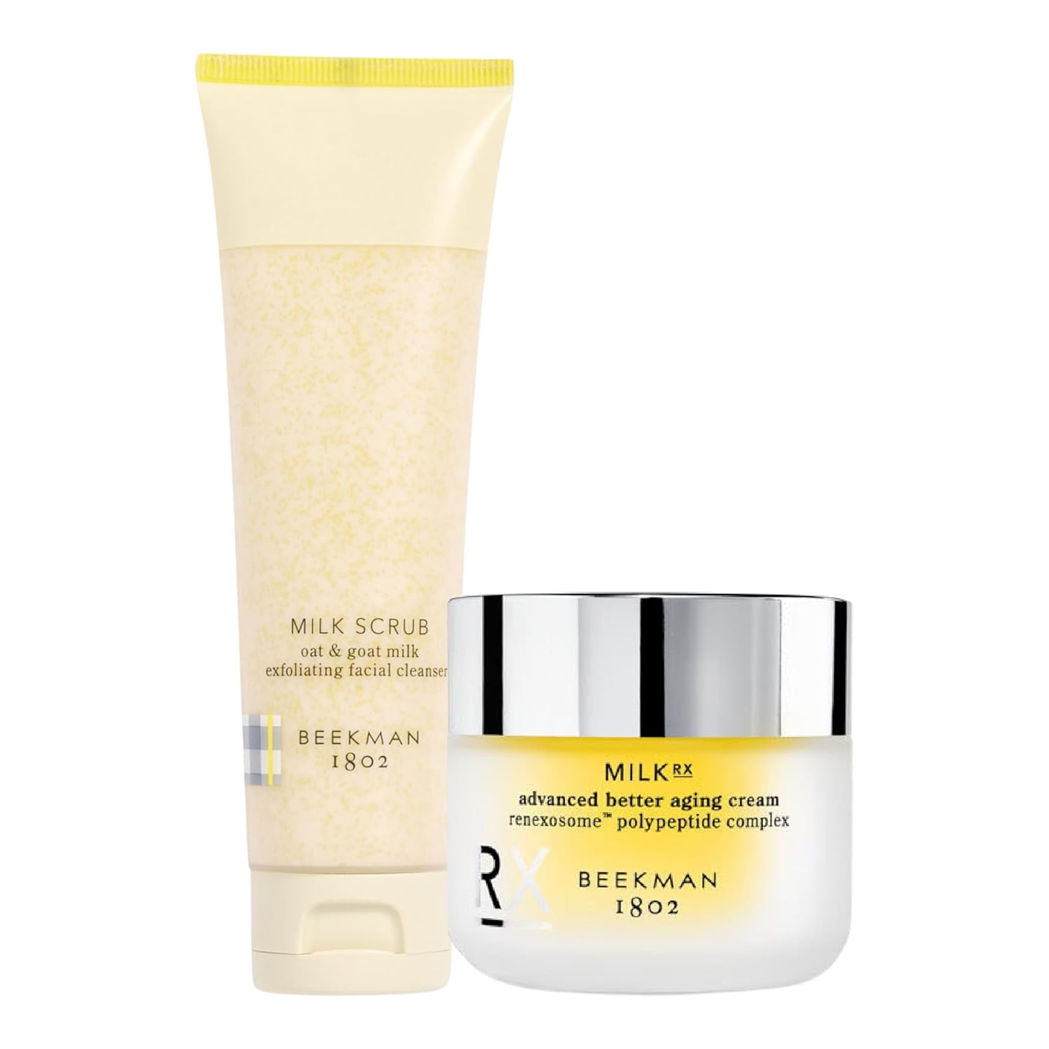 Beekman 1802 Milk Scrub Oat + Goat Milk Exfoliating Face Cleanser (3 fl oz) + Milk RX Advanced Better Aging Cream (1.69 fl oz) - Good for Sensitive Skin - Cruelty Free