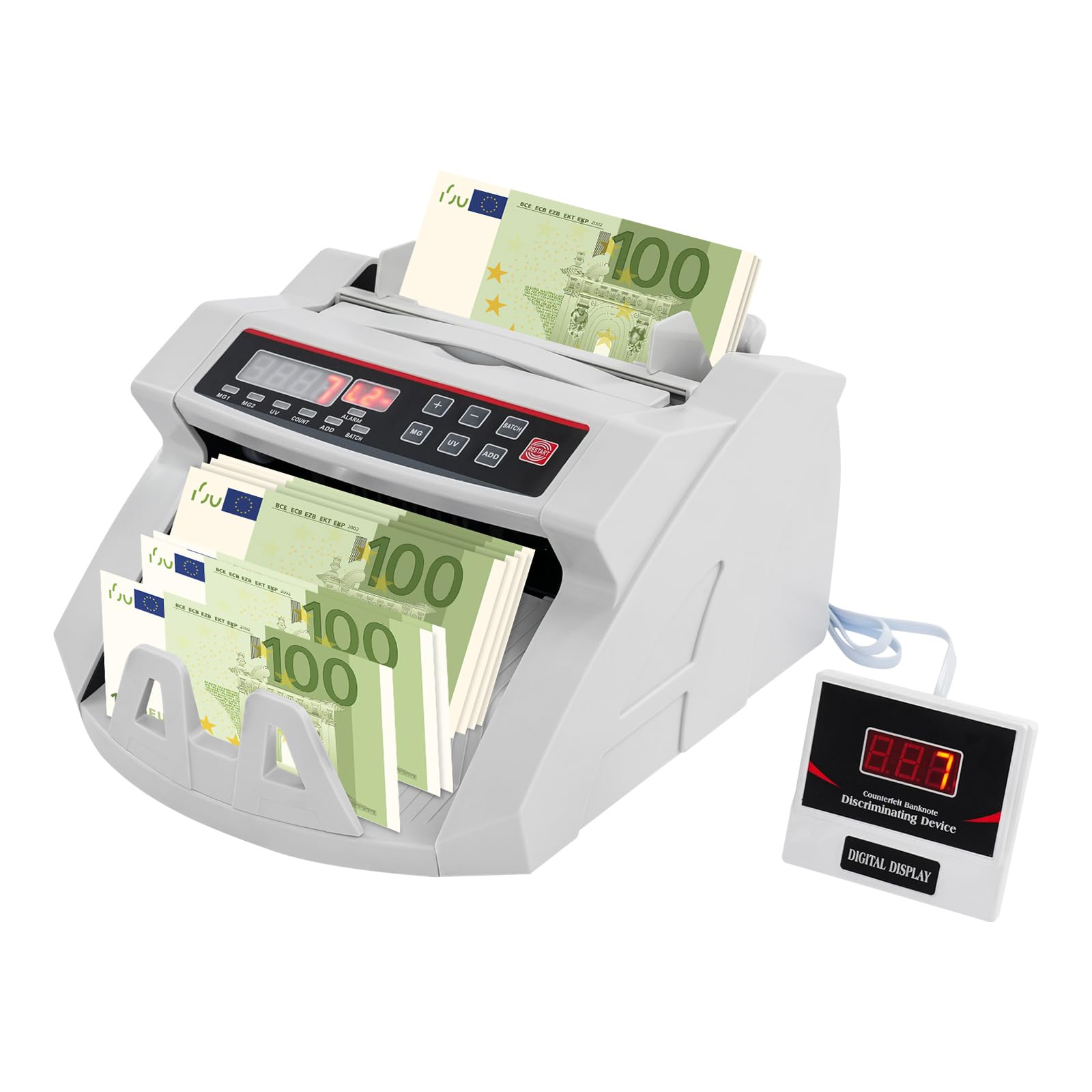 Geldzählmaschine und Falschgeld Detektor, Banknotenzähler | Geldzählmaschine mit Doppel-Led Display, für Aller Währungen, 30 x 24.5 x 17cm