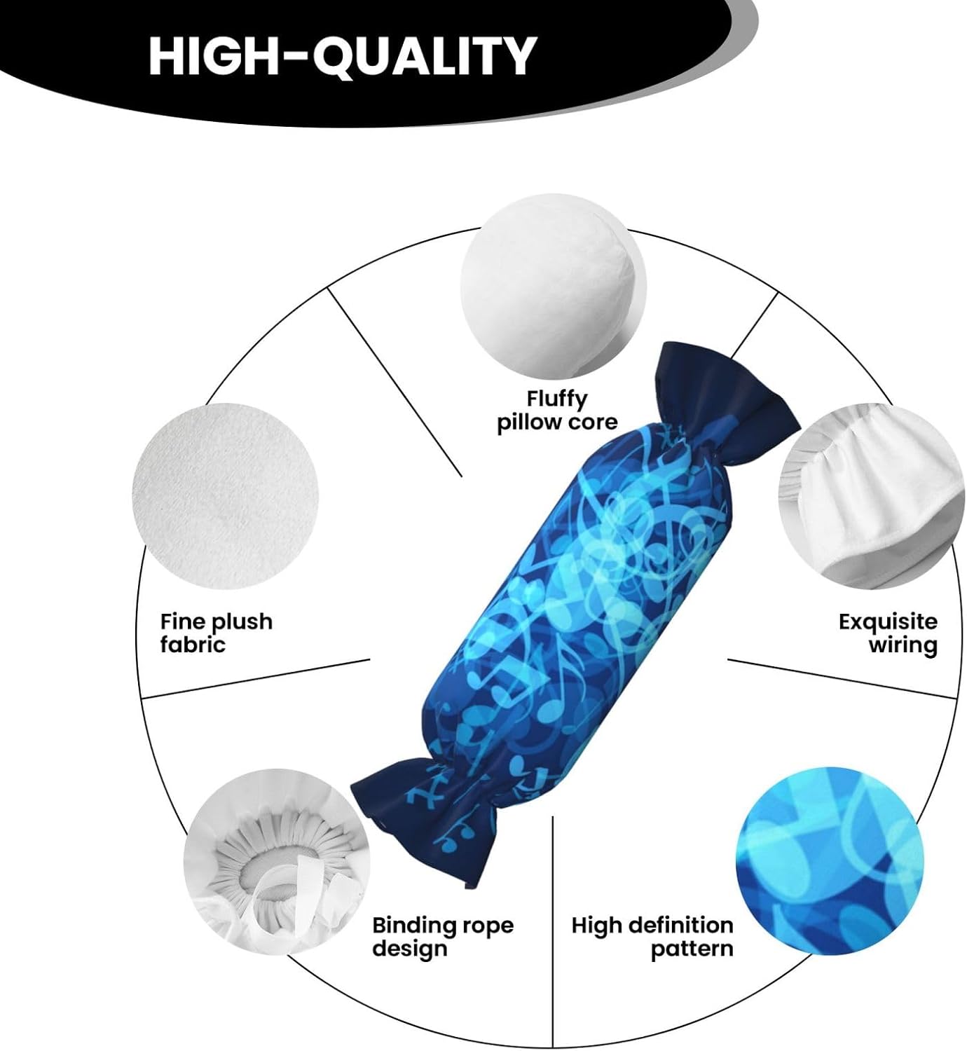 ブルー 音符プリント キャンディ 円柱 実用的な枕 万能 快適 寝室 リビングルーム 旅行