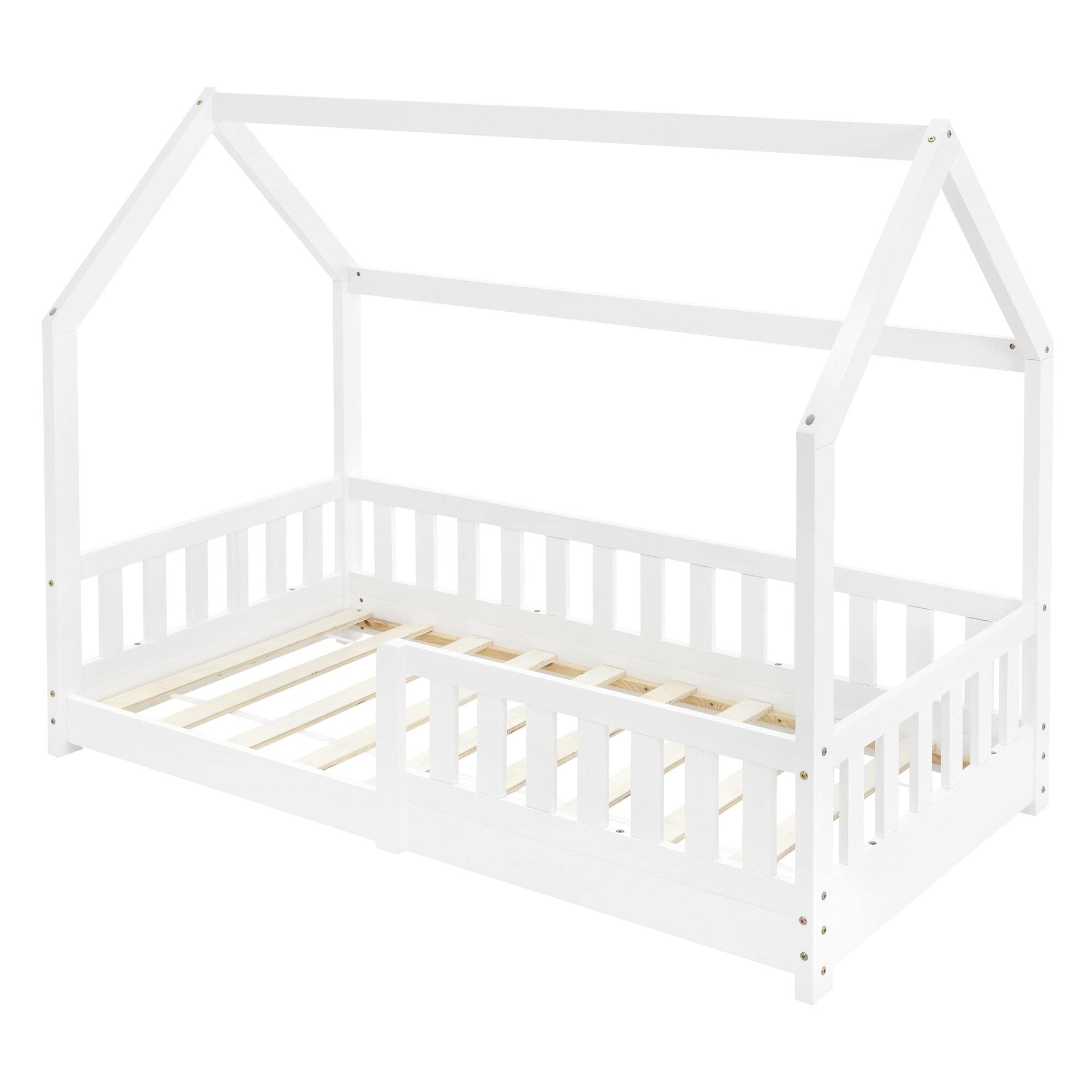 ML-Design Cama Infantil Casa Blanca 80x160 cm de Madera de Pino con Protección Anticaída, Techo y Somier Estructura de Listones, Cuna de Suelo Maciza, Lecho Casita de Juego para Niño y Bebé