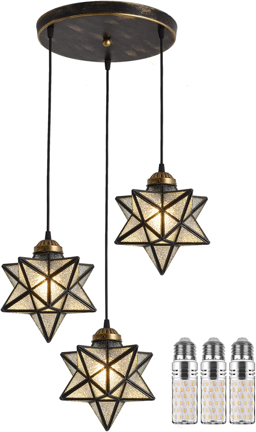 3-Lights Star Pendants Light for Dining Room Kitchen Island Lighting Fixture Chandeliers Moravian Star Lights Mid-Century Modern Glass Pendant Lighting for Bedroom Hallway, Warm Light Bulbs Included