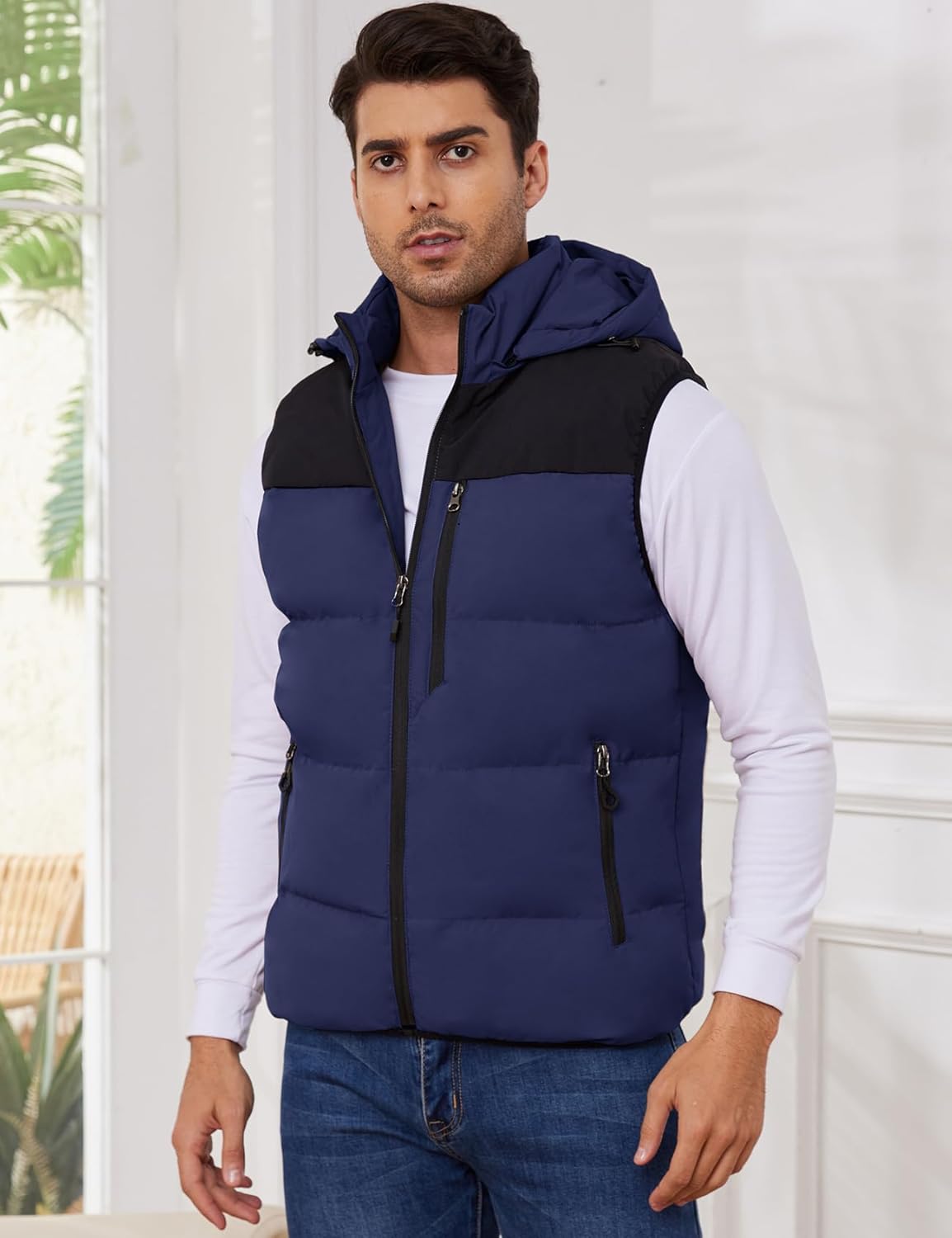 Gihuo Mens Winter Puffer Vest Hooded Sleeveless Quilted Jacket Zip Up Padded Coats - Image 3