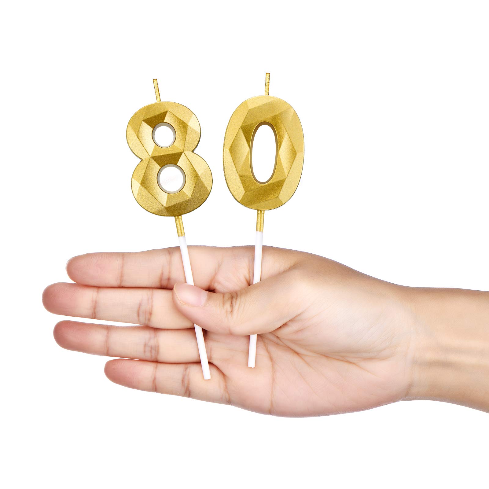 80th Birthday Candles Set - Gold Glitter Number 80 & 8 & 0 Candles, 3D Diamond Shape For Cake