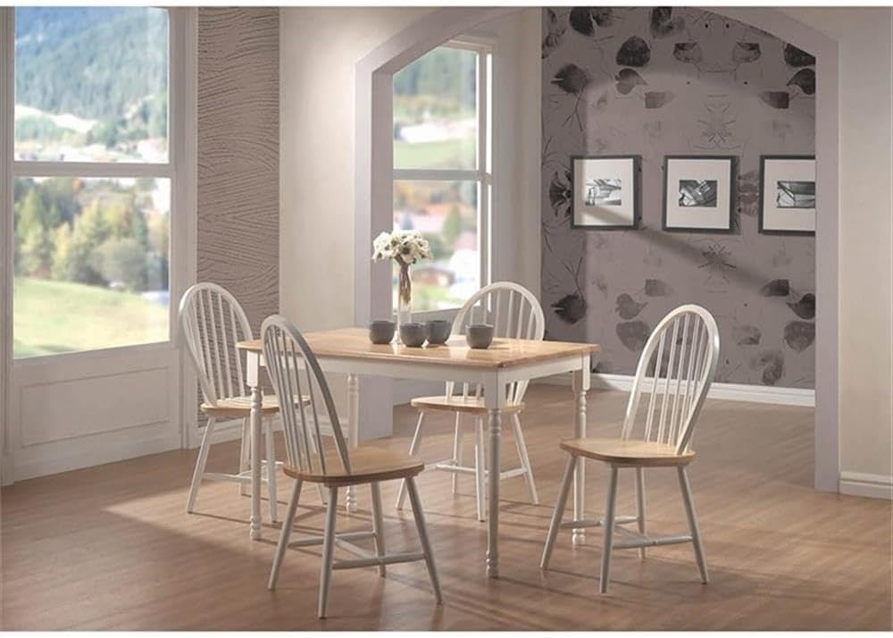 BOWERY HILL Farmhouse Rubberwood Dining Side Chair, Natural Brown and White Finish, 37" H x 18" W x 20" D, Solid Wood Construction, Spindle Back, Set of 4 Dining Chairs for Kitchen or Dining Room