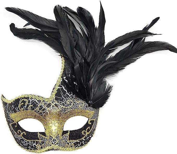 Venetian Face Cover Mask with Feather Decoration - Women's Masquerade Eye Mask for Halloween Mardi Gras, Gold