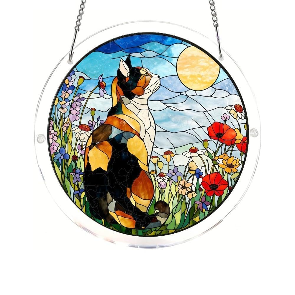 83 Pieces Hanging Acrylic Suncatcher Puzzle,DIY Acrylic Jigsaw Puzzle for Adults, 2mm Transparency Acrylic, Acrylic Suncatcher Puzzles for Doors Garden Window (Sunset Cat B, 11 Inches)