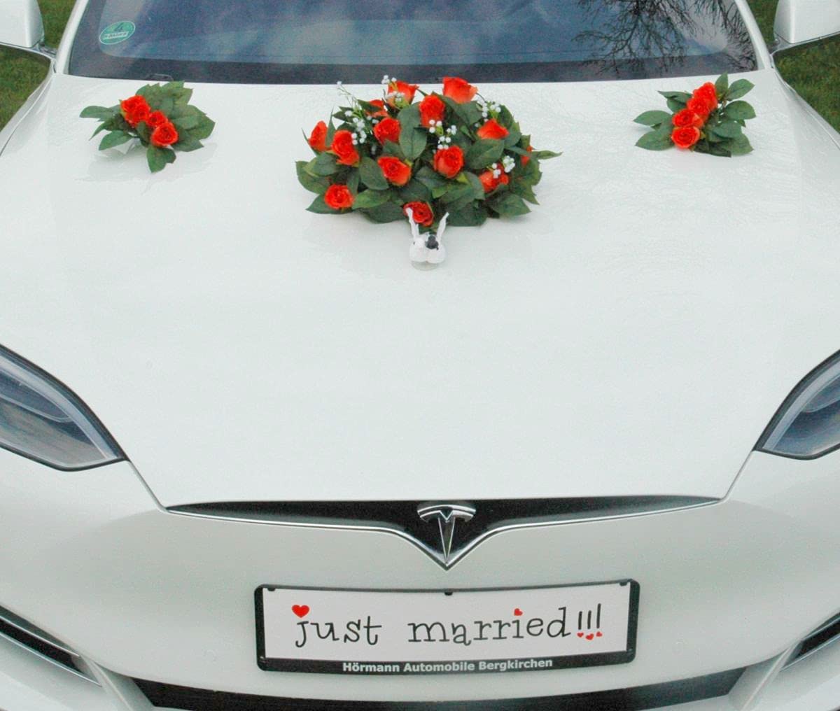 Véritable bouquet de roses - Décoration de voiture - Couple de roses - Colombes - Cœurs - Décoration de voiture de mariage (thé + colombes)