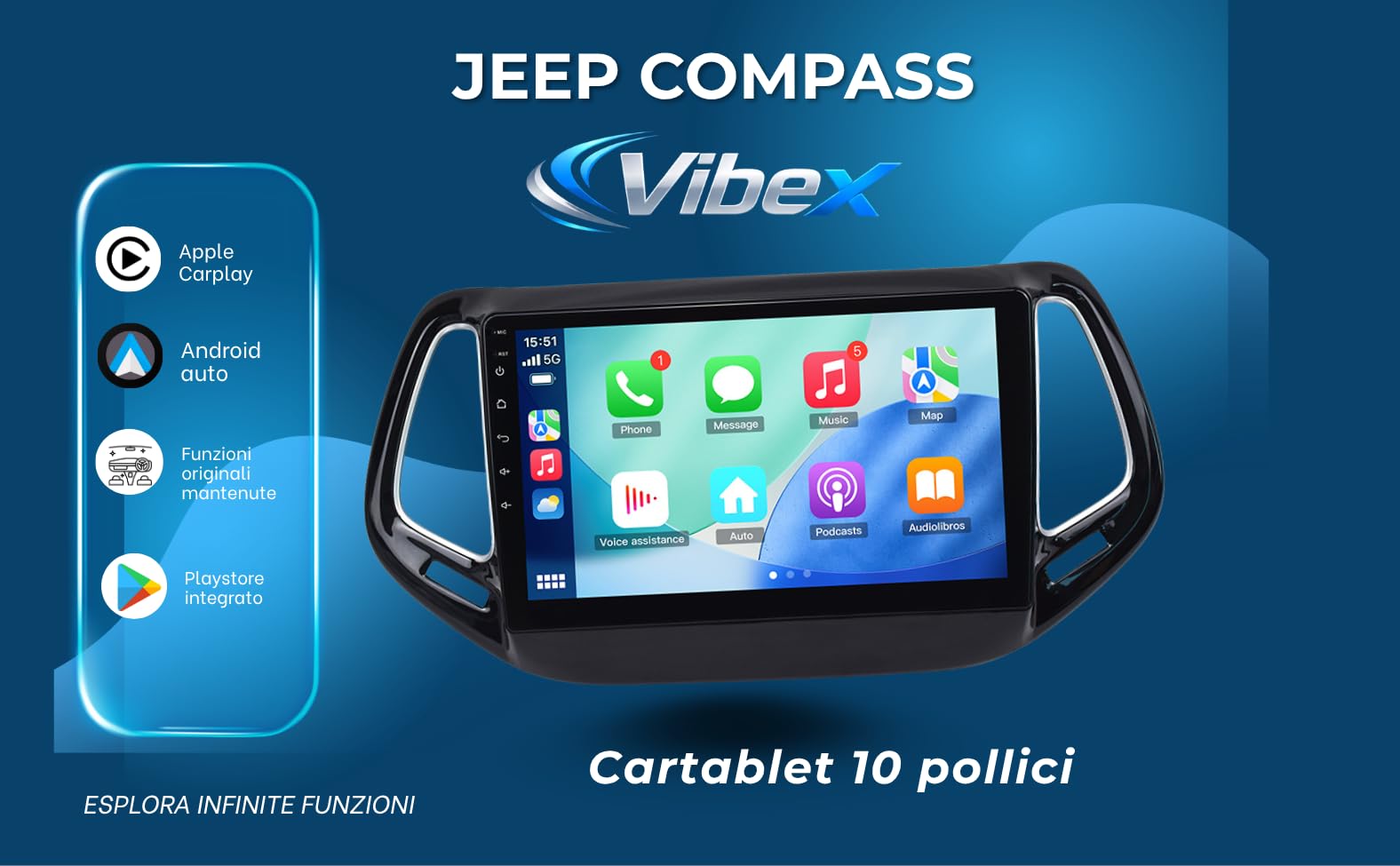 Autoradio 10" Android per Jeep Compass 2015 2016 2017 2018 2019 2020, Wireless CarPlay Android Auto, Navigazione GPS, Bluetooth, WiFi, Schermo Touch HD, Supporto Retrocamera 4+64