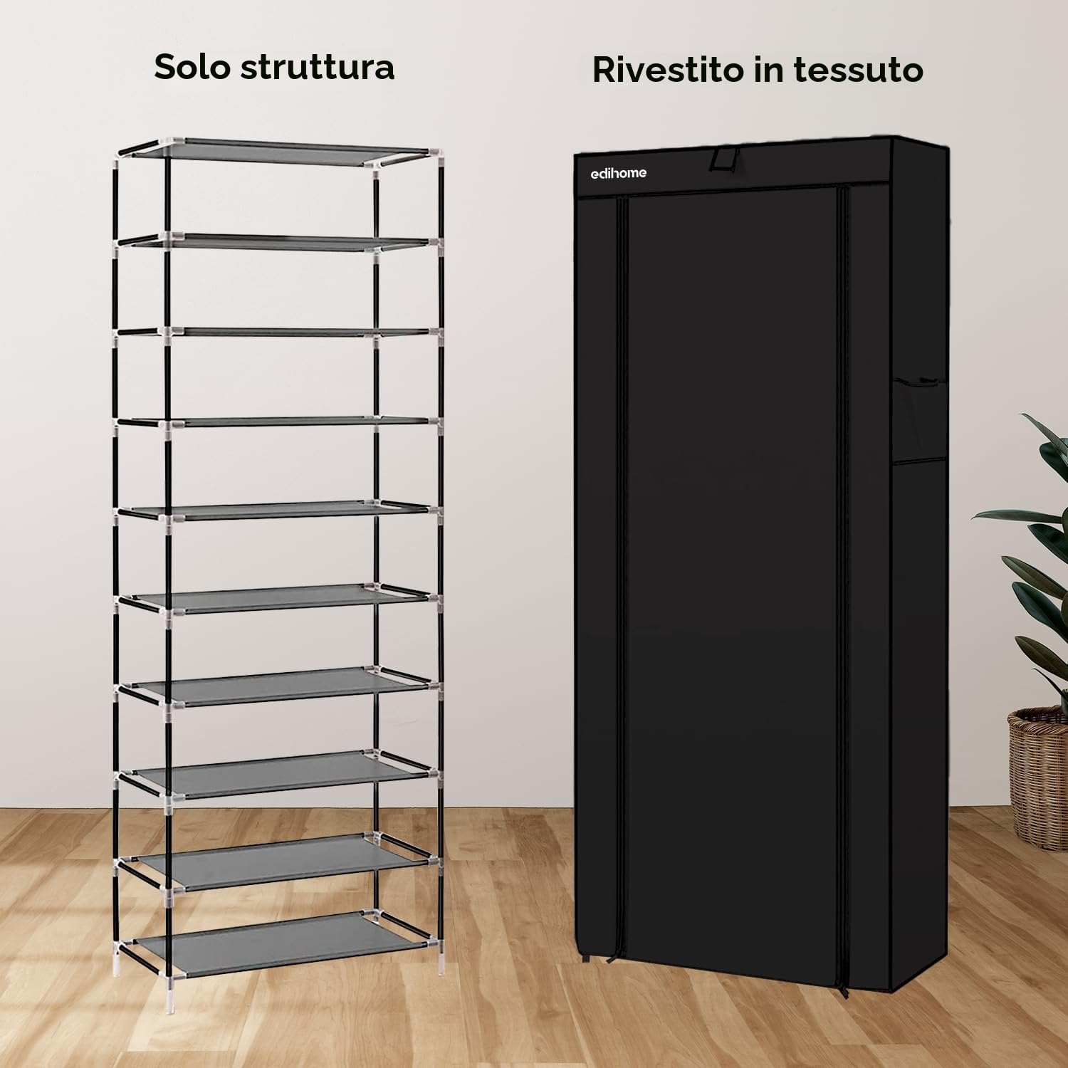 edihome, Scarpiera, di Tessuto a 10 ripiani, (58 x 28 x 162 cm), Scaffale Portascarpe con Copertura, per Scarpe da Ginnastica, Ciabatte, Tacchi Alti (Nero)