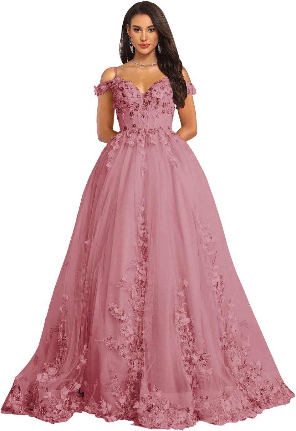 3D Flowers Tulle Prom Dresses for Women 2026 Lace Applique Cold Shoulder Blue Ball Gown Formal Dress