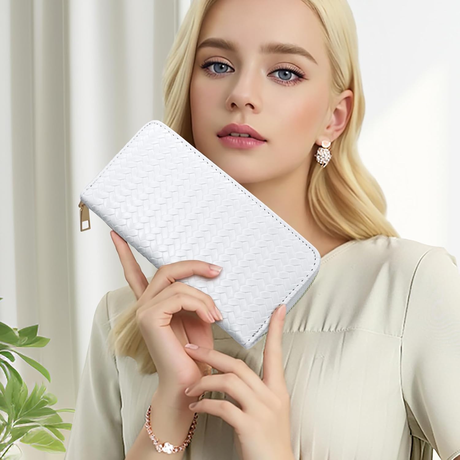 Women’s Wallet, PU Leather Weave Card Holder Ladies Large Capacity Clutch Purse with ID Window and Zipper Pocket (White) - Image 5