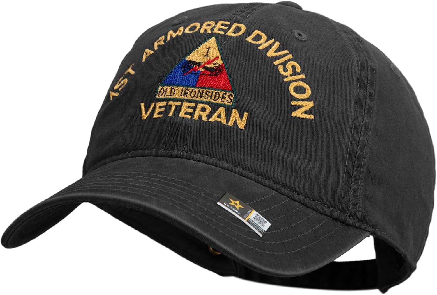 U.S. Army 1st Armored Division Embroidered Washed Solid Pigment Dyed Cotton Twill Brass Buckle Cap