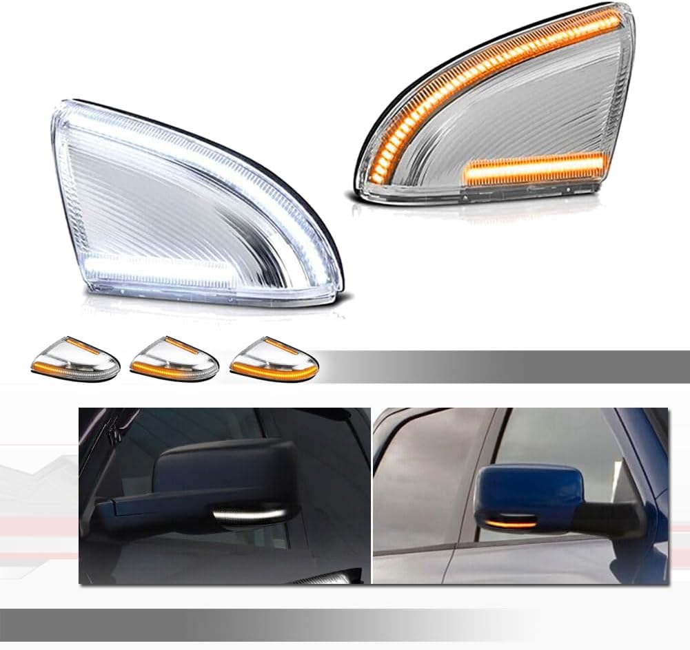 for 2009-2018 Dodge Ram 1500, 2010-2018 Ram 2500 3500 Side Mirror Turn Signal White DRL Tow Light Assembly Blinker Puddle Lamp Clear Lens Sequential Dynamic Amber LED